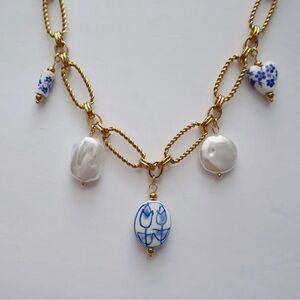 Gold Chain Necklace with White & Blue Ceramic Charms and Pearl Drops